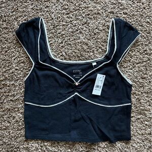 New Black Cropped Top with White Trim